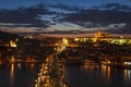 Top view of Prague castle, St. Vitus Cathedral, Vltava river and Charles bridge at night. Prague, Royalty Free Stock Photo