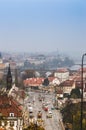 Top view of Prague old town streets from the Letna park view point, Charles bridge and Vltava river