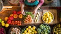 Top view of a pregnant woman cooking healthy food. Royalty Free Stock Photo