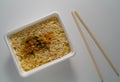 TOP VIEW: Prepared hot instant noodles plate on a table