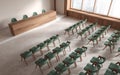 Top view of press room interior with table and chairs, panoramic window