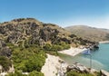 Top view of Preveli beach and river Megalo Potamos Megalopotamo in the place where it flows into the Libyan sea, Crete Royalty Free Stock Photo