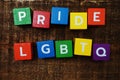 Pride and LGBTQ alphabet letters on wooden background