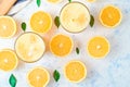 Top view of the process of making fresh orange juice, flat lay Royalty Free Stock Photo