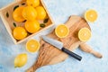 top view of the process of making fresh orange juice, flat lay Royalty Free Stock Photo