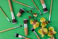 Top view of professional makeup brushes and decorative flower on the green background.Spring makeup trends Royalty Free Stock Photo