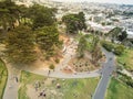 Aerial view public colorful playground near street intersection