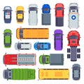 Top view public transport. Taxi car, city buses and ambulance vehicle. Delivery truck, school bus and fire engine vector set Royalty Free Stock Photo