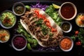 top view of a pulled pork taco spread