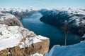 Top view of the Pulpit Rock, Preikestolen. Scenic landscape of river channel between rocky shore