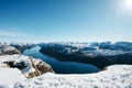 Top view of the Pulpit Rock, Preikestolen. Scenic landscape of river channel between rocky shore