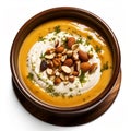 Top view of pumpkin and carrot cream soup on board on white