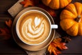 Top view of pumpkin and cup of coffee accompanied by a charming fall-themed arrangement. Vibrant orangery pumpkins and seasonal Royalty Free Stock Photo