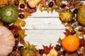 Top view of pumpkins, butternut and chestnuts on a white drifted vintage wood background covered with autumn colored leaves