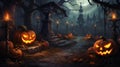 Top view of pumpkins candles and paper bats on table halloween concept Royalty Free Stock Photo