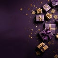 Top view of purple boxes, gifts with gold bows and gold scattered confetti, blue background. Gold stars.Valentine\'s Day b Royalty Free Stock Photo