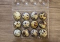 Top view of quail eggs in plastic box on brown wooden background Royalty Free Stock Photo
