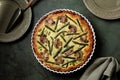 Top view of Quiche with mushrooms and asparagus. Homemade french tart Royalty Free Stock Photo