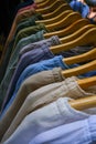 top view for Rack with stylish natural women's clothes in the market Royalty Free Stock Photo