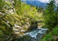 Top view of Radovna river in the end of Vintgar gorge falling to Sum waterfall, Slovenia