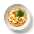 Top view of ramen with noodles and eggs.