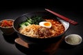 Top view ramen. Traditional Korean ramen soup with kimchi. Korean cuisine. Asian food. Traditional korean cuisine set. Royalty Free Stock Photo