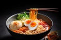 Top view ramen. Traditional Korean ramen soup with kimchi. Korean cuisine. Asian food. Traditional korean cuisine set. Royalty Free Stock Photo