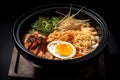 Top view ramen. Traditional Korean ramen soup with kimchi. Korean cuisine. Asian food. Traditional korean cuisine set. Royalty Free Stock Photo