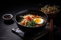 Top view ramen. Traditional Korean ramen soup with kimchi. Korean cuisine. Asian food. Traditional korean cuisine set. Royalty Free Stock Photo