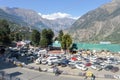 Top view of Ramleela Ground Parking lot at an altitude of 2670 m, surrounded by panoramic Kinner Kailash mountain range. Reckong