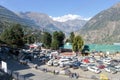 Top view of Ramleela Ground Parking lot at an altitude of 2670 m, surrounded by panoramic Kinner Kailash mountain range. Reckong