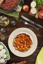 Top view of ravioli pasta with bolognese meat sauce Royalty Free Stock Photo