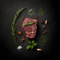 Top view of a raw beef steak lying on a dark background. Piece of meat on chalkboard or schist stone.