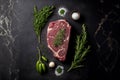 Top view of a raw beef steak lying on a dark background. Piece of meat on chalkboard or schist stone.