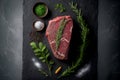 Top view of a raw beef steak lying on a dark background. Piece of meat on chalkboard or schist stone.