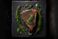 Top view of a raw beef steak lying on a dark background. Piece of meat on chalkboard or schist stone.