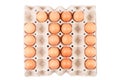Raw brown Chicken Eggs In paper container tray box arranged English alphabet is ` M `. Royalty Free Stock Photo