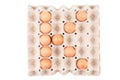 Raw brown Chicken Eggs In paper container tray box arranged English alphabet is ` K `. Royalty Free Stock Photo