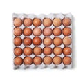 Top view of raw chicken eggs in egg carton box isolated on white background Royalty Free Stock Photo