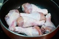 Top view, raw chicken legs are fried in a frying pan on an electric stove. concept of a menu of chicken legs raw meat. Meat ingr Royalty Free Stock Photo