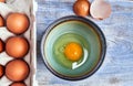 Top view of raw egg in bowl, eggshell and box on colorful background. Concepts of preparing for breakfast, cooking at home