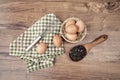 Top view of raw eggs in the basket and Straw or chaff with Egg beater , hand towel and rice berry Royalty Free Stock Photo