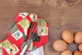 Top view of raw eggs with egg beater. Royalty Free Stock Photo
