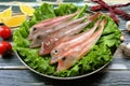 Raw gurnard fish in plate with green salad Royalty Free Stock Photo