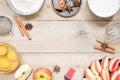 Top view raw ingredients for cooking apple pie on wooden background with copy space. Bakery background Royalty Free Stock Photo