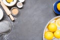 Top view raw ingredients for cooking lemon pie on wooden background with copy space. Bakery background Royalty Free Stock Photo