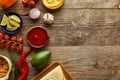 Top view of raw ingredients for taco on wooden background with copy space Royalty Free Stock Photo