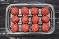 Top view of raw meat balls in plastic box Royalty Free Stock Photo