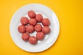 Top view of raw meat balls on small plate Royalty Free Stock Photo