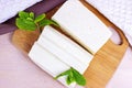 Top view of raw organic vegetarian tofu slices with fresh mint on wooden background. Royalty Free Stock Photo